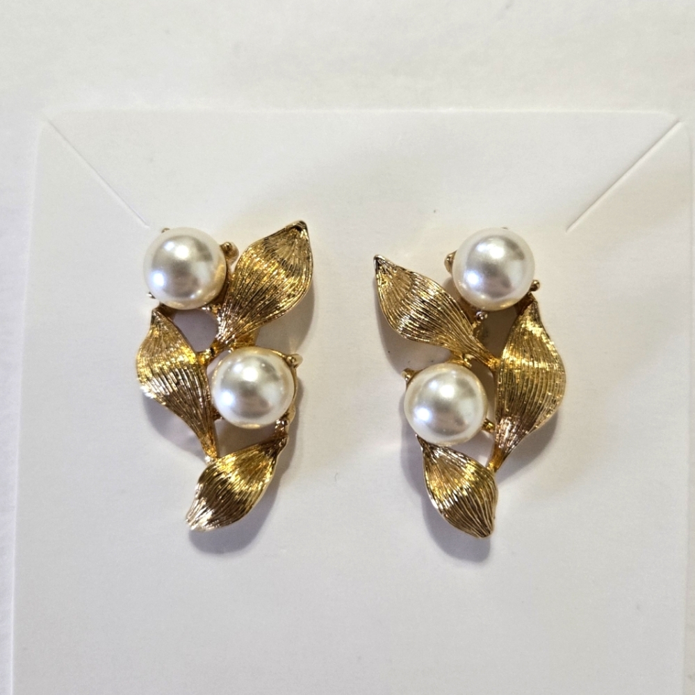Napier Gold Tone Pierced Earrings With Leaf & Pearl Design